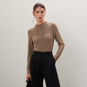 Fifteen Twenty Metallic Glitter Gold Brown Ruched Long Sleeve Shirt Large
